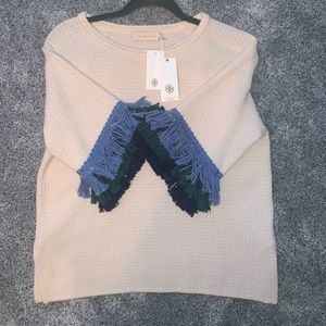 Tri-color Fringe-sleeve Sweater, White/blue/green
